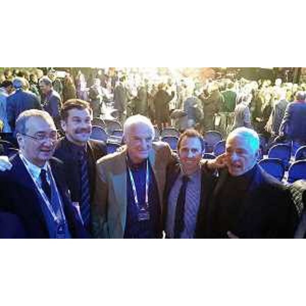 Sergio Bolzonello (Vicepresidente Regione FVG e assessore Attività produttive, Turismo e Cooperazione) con Enzo Cainero (Project manager) e gli ex ciclisti Gilberto Simoni e Francesco Moser alla presentazione del Giro d'Italia 2018 - Milano 29/11/2017