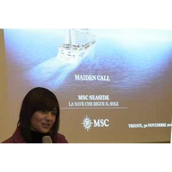 Debora Serracchiani (Presidente Regione Friuli Venezia Giulia) interviene durante cerimonia di maiden call per l'attracco della Msc Seaside - Trieste 30/11/2017