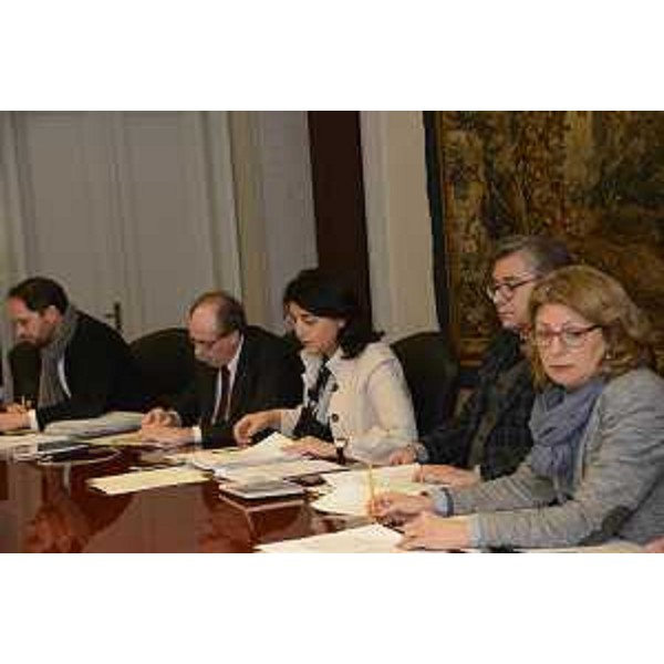 Gli assessori regionali Cristiano Shaurli (Risorse agricole e forestali), Gianni Torrenti (Cultura, Sport e Solidarietà), Mariagrazia Santoro (Infrastrutture e Territorio), Francesco Peroni (Finanze, Patrimonio, Coordinamento e Programmazione Politiche economiche e comunitarie) e Maria Sandra Telesca (Salute, Integrazione socio-sanitaria, Politiche sociali e Famiglia) durante la riunione della Giunta del FVG - Trieste 28/12/2017