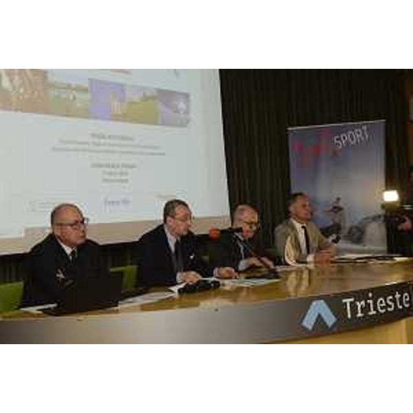 Marco Tullio Petrangelo (direttore generale PromoTurismoFVG), Sergio Bolzonello (Vicepresidente Regione FVG), Antonio Marano (presidente Trieste Airport) e Bruno Bertero (direttore marketing PromoTurismoFVG) alla conferenza stampa di presentazione dei dati sui flussi turistici in regione nel 2017 e sull'attività di promozione e comunicazione di PromoTurismoFVG - Ronchi dei Legionari 07/03/2018
