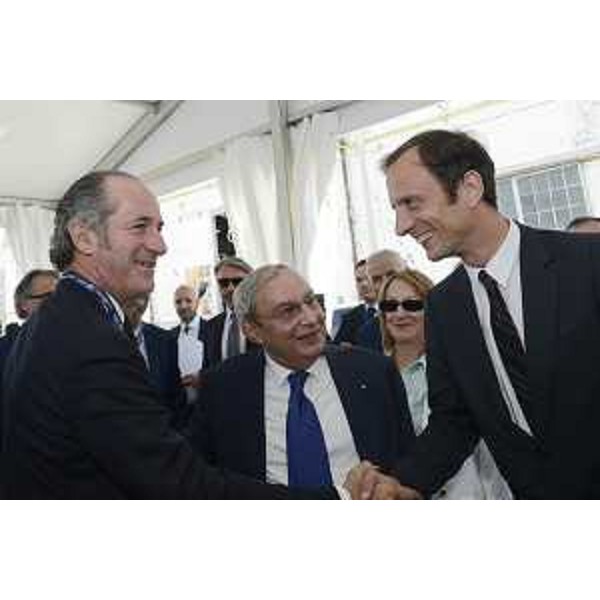 Luca Zaia (Presidente Regione Veneto), Giuseppe Bono (Amministratore delegato Fincantieri), Massimiliano Fedriga (Presidente Regione Friuli Venezia Giulia) alla cerimonia di consegna della nave da crociera Msc Seaview - Monfalcone 04/06/2018