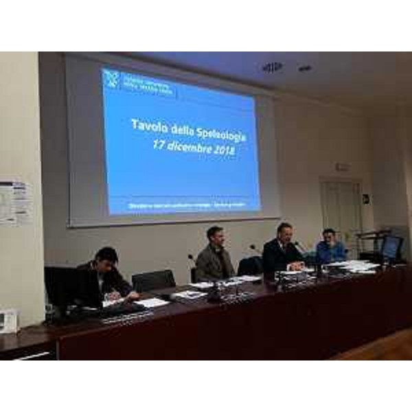L'assessore regionale all'Ambiente Fabio Scoccimarro al Tavolo speleologia in sala Predonzani della Regione a Trieste