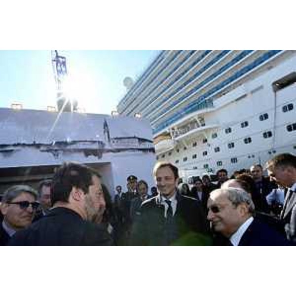 Il governatore Fedriga assieme al ministro Salvini e all'amministratore delegato di Fincantieri Giuseppe Bono