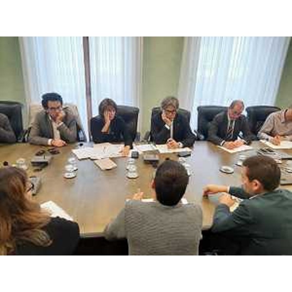 Gli assessori regionali Alessia Rosolen (Lavoro) e Sergio Emidio Bini (Attività produttive) all'incontro con i rappresentanti dei lavoratori di Flex nella Sala Verde del Consiglio regionale
