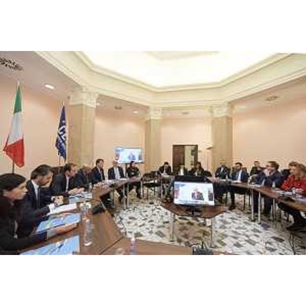 Il governatore del Friuli Venezia Giulia, Massimiliano Fedriga, porta il saluto della Regione al Segretariato esecutivo dell'Iniziativa Centro Europea (Ince) presieduta dal Segretario generale, Roberto Antonione