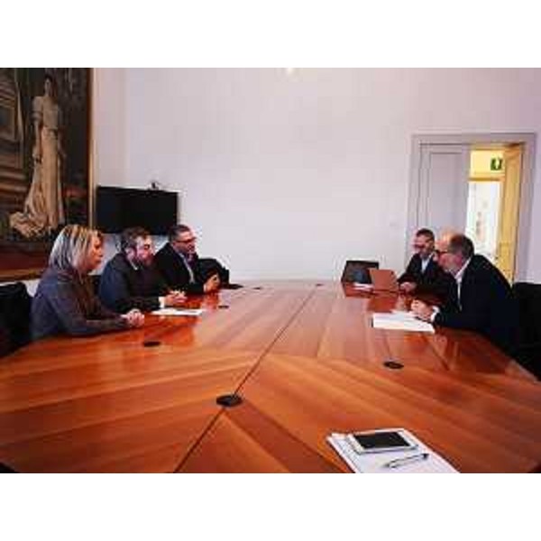 Un momento dell'incontro fra il vicegovernatore con delega alla Salute Riccardi e Marcello Milani, Gabriele Beltrame e Anna Olivetti, presidenti dell'Ordine dei farmacisti - rispettivamente - di Trieste, Udine e Gorizia.