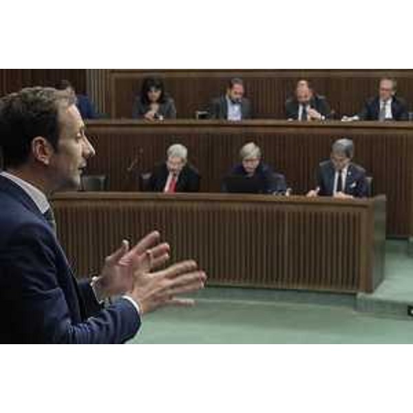 Il governatore del Friuli Venezia Giulia, Massimiliano Fedriga, interviene nell'Aula del Consiglio regionale sul tema del referendum elettorale. 