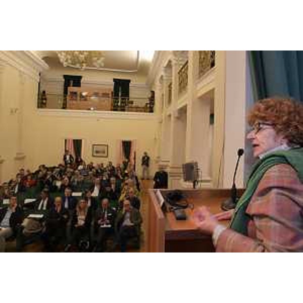 L'assessore Fvg alla Cultura, Tiziana Gibelli, mentre interviene alla presentazione della candidatura di Gorizia-Nova Gorica a capitale europea della cultura 2025