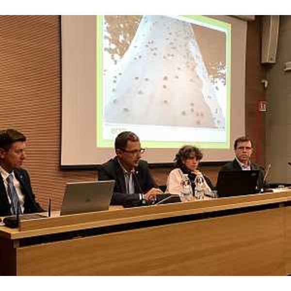 L'assessore Fvg alle Risorse agroalimentari, Stefano Zannier (secondo da sx), durante il convegno sulla cimice asiatica promosso dalla II Comissione consigliare permanente presieduta da Alberto Budai (primo da sx)