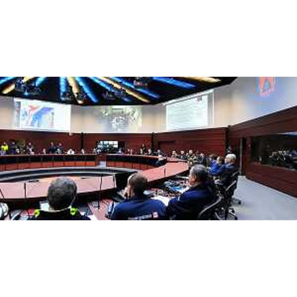 Il Comitato di crisi riunito a Palmanova nella sede della Protezione civile presenti il governatore della Regione FVG, Massimiliano Fedriga e il vice Riccardo Riccardi