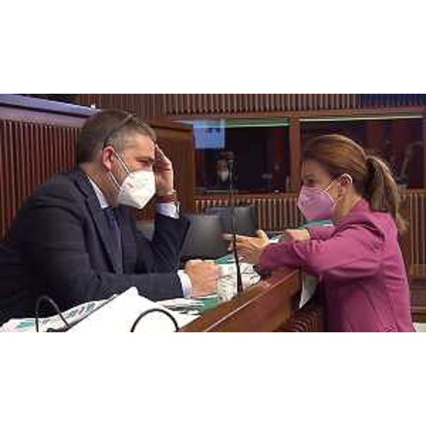 La consigliera Mara Piccin (FI) mentre discute con l'assessore Pierpaolo Roberti - La consigliera Mara Piccin (FI) mentre discute con l'assessore Pierpaolo Roberti 