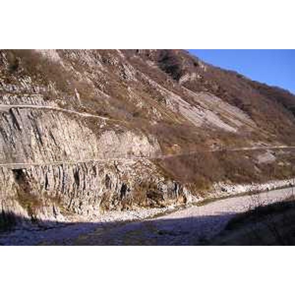 Maniago (Pordenone): la strada sotto le stratificazioni riocciose della brachianticlinale del Monte Jouf. Foto: Archivio del Corpo forestale regionale - Marco Pradella 