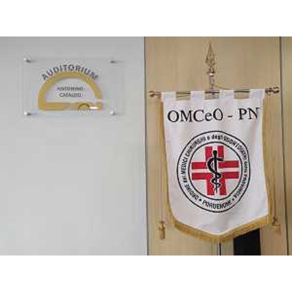 Lo stendardo dell'Ordine dei medici chirurghi e degli odontoiatri di Pordenone accanto alla targa che ricorda il dottor Antonino Cataldo. - Lo stendardo dell'Ordine dei medici chirurghi e degli odontoiatri di Pordenone accanto alla targa che ricorda il dottor Antonino Cataldo.