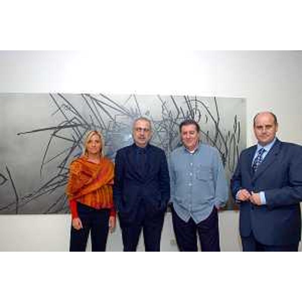 Serse, Francesco Bonami (Direttore artistico del Centro d'arte contemporanea), Vittorino Boem (Sindaco di Codroipo e presidente dell'Azienda speciale Villa Manin), Sarah Cosulich Cannarutto (Curatrice della mostra). (Villa Manin di Passariano, 25/09/04)