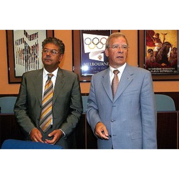 Roberto Antonaz (Assessore regionale all'istruzione, cultura, sport e pace), Emilio Felluga (Presidente CONI Friuli Venezia Giulia) alla presentazione di EYOF Lignano 2005. (Roma, 23/09/04)