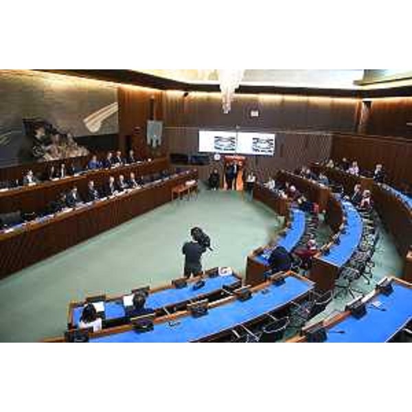 L'aula del Consiglio regionale durante la conferenza stampa - L'aula del Consiglio regionale durante la conferenza stampa