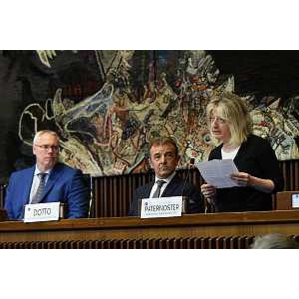 L'intervento di Chiara Paternoster, del direttivo Aea. Accanto a lei Diego Dotto e il presidente Bordin - L'intervento di Chiara Paternoster, del direttivo Aea. Accanto a lei Diego Dotto e il presidente Bordin
