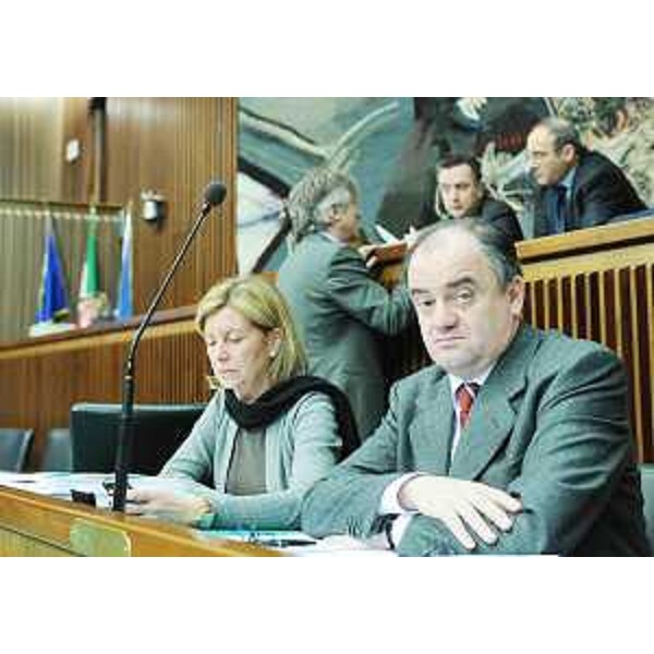 Sandra Savino (Assessore regionale Programmazione, Risorse economiche e finanziarie, Patrimonio e Servizi generali) e Roberto Molinaro (Assessore regionale Istruzione, Formazione e Cultura, delegato Politiche Famiglia) in Consiglio regionale nel corso del dibattito sulla Finanziaria regionale 2009, a Trieste. (Trieste 16/12/08)