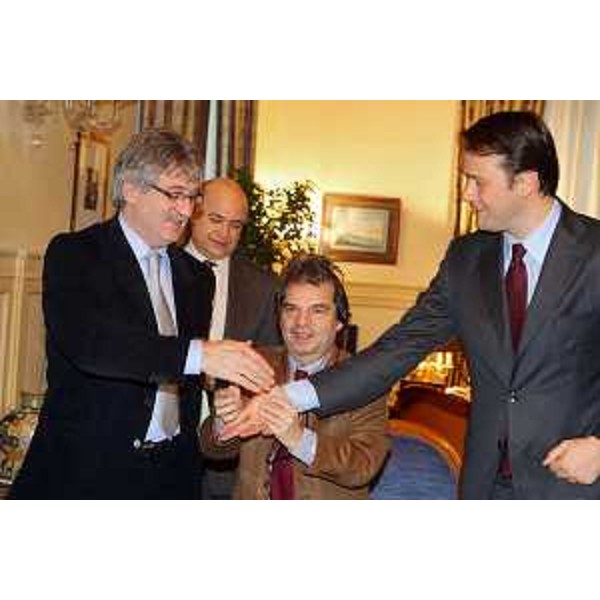 Renzo Tondo (Presidente Friuli Venezia Giulia), Renato Brunetta (Ministro P.A. e Innovazione) e Pietro Scott Jovane (AD Microsoft Italia) nel corso dell'incontro sul progetto pilota "DEMA", a Roma. (Roma 20/01/09) 