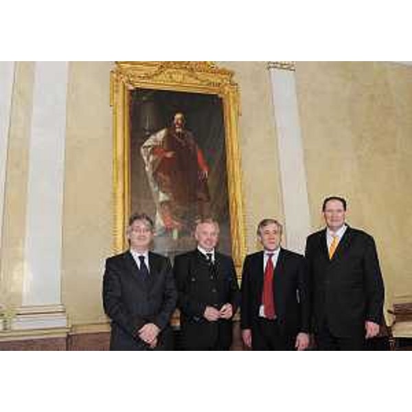 Renzo Tondo (Presidente Friuli Venezia Giulia), Gerhard Doerfler (Governatore Carinzia), Antonio Tajani (Vicepresidente Commissione europea) e Giancarlo Galan (Presidente Veneto) nella sede della Regione a Trieste. (Trieste 13/02/09) 
