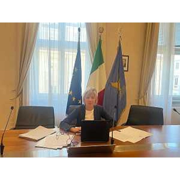 L'assessore regionale alle Finanze Barbara Zilli durante il collegamento con il Tavolo regionale di Partenariato - L'assessore regionale alle Finanze Barbara Zilli durante il collegamento con il Tavolo regionale di Partenariato