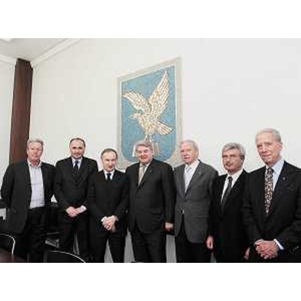 Elio De Anna (Assessore regionale Sport) con Gianni Petrucci (Presidente nazionale CONI), Francesco Purromuto (Presidente nazionale Federazione Pallamano) ed Emilio Felluga (Presidente regionale CONI) a Trieste. (Trieste 18/03/09)