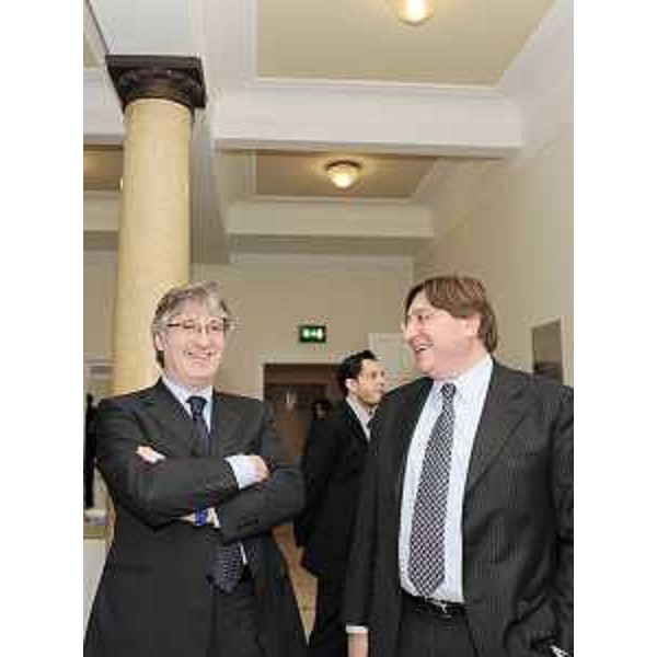 Renzo Tondo (Presidente Friuli Venezia Giulia) e Giovanni Perissinotto (a.d. Assicurazioni Generali) nel corso del convegno "Lo spazio mediterraneo della mobilità", all'Hotel Savoia a Trieste. (Trieste 05/02/10)