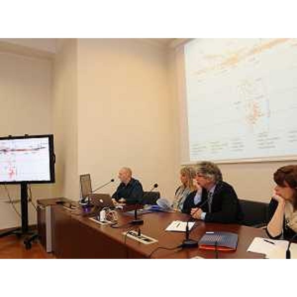 Paolo Gasparini (Università Trieste), Maria Cristina Pedicchio (Presidente Centro Biomedicina molecolare Trieste), Renzo Tondo (Presidente Friuli Venezia Giulia) e Alessia Rosolen (Assessore regionale Ricerca) alla presentazione dei risultati del progetto "Parco genetico del Friuli Venezia Giulia". (Trieste 11/05/10)