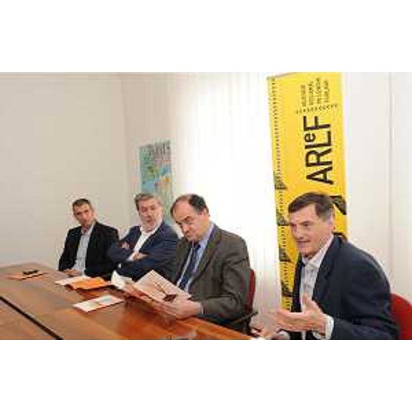 Massimo Duca (Direttore ARLeF), Lorenzo Zanon (Presidente ARLeF), Roberto Molinaro (Assessore regionale Cultura) e Federico Rossi (Associazione Colonos) alla presentazione dell'iniziativa "Letteratura in lingua friulana. Dinamiche, tendenze, prospettive", nella sede dell'Agenzia regionale per la Lingua Friulana. (Udine 14/05/10)