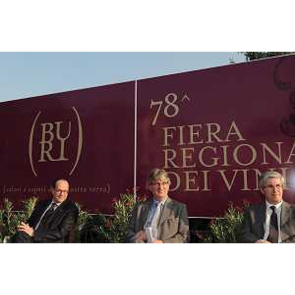 Paolo De Castro (Presidente Commissione Agricoltura e Sviluppo rurale Parlamento europeo), Renzo Tondo (Presidente Friuli Venezia Giulia) e Pietro Fontanini (Presidente Provincia Udine) all'inaugurazione della 78a edizione della Fiera dei Vini di Buttrio. (Buttrio 04/06/10)