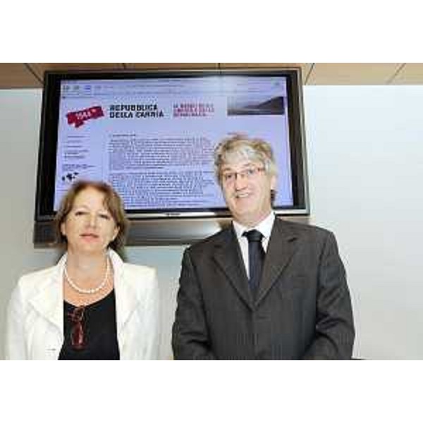 Cristiana Compagno (Rettore Università Udine) e Renzo Tondo (Presidente Friuli Venezia Giulia) alla presentazione del progetto sulla Repubblica della Carnia. (Udine 05/07/10)