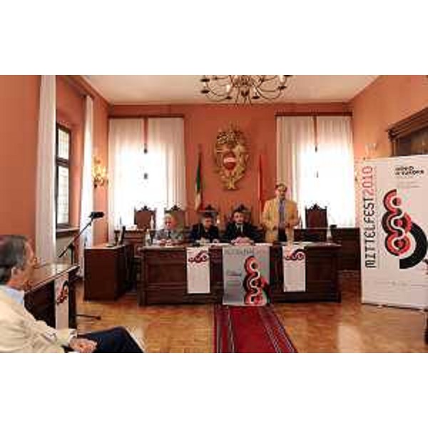 Franco Mattiussi (Assessore Turismo Provincia Udine), Antonio Devetag (Presidente Mittelfest), Stefano Balloch (Sindaco Cividale del Friuli) e Roberto Molinaro (Assessore regionale Cultura) alla presentazione della diciannovesima edizione del Mittelfest di Cividale intitolata "Genio d'Europa. Démoni". (Cividale 06/07/10)