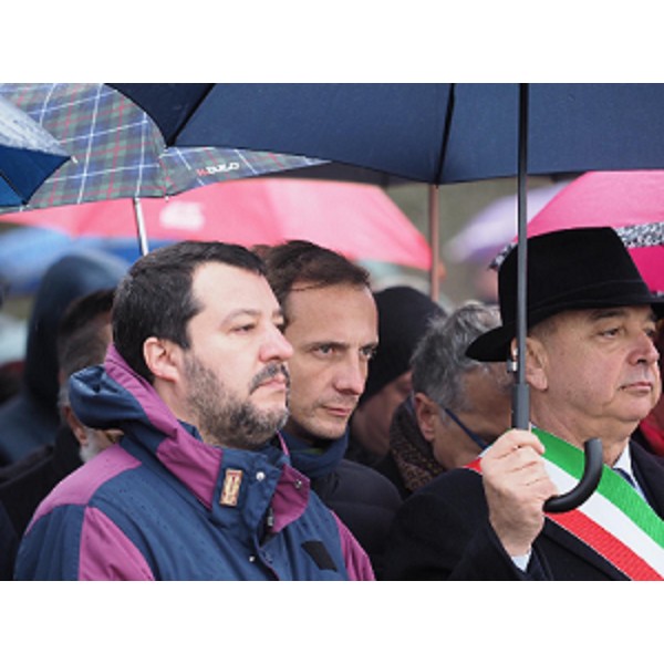 Il ministro dell'Interno Matteo Salvini, il governatore Fvg Massimiliano Fedriga e il sindaco di Trieste Roberto Dipiazza alla cerimonia solenne alla Foiba di Basovizza 