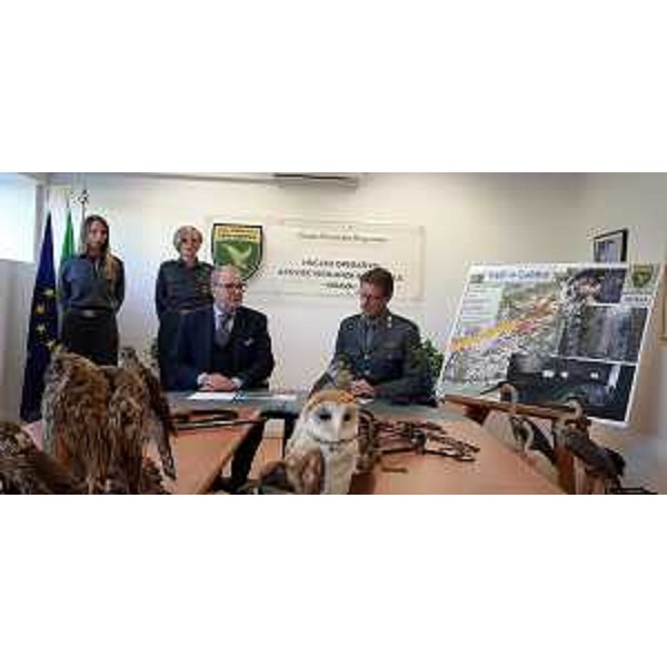 Gli esiti del maxi sequestro per uccellagione abusiva illustrati a Udine dal responsabile del Noava, l'ispettore Claudio Freddi, e dal direttore regionale Risorse forestali, Adolfo Faidiga.